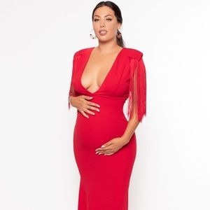 Maternity Halen fringe shoulder Gown - Red